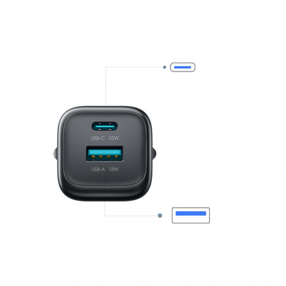 Carregador de Rede com Cabo USB-C Joyroom JR-TG7, 33W, 3A, 1 x USB-A - 1 x USB-C, Preto