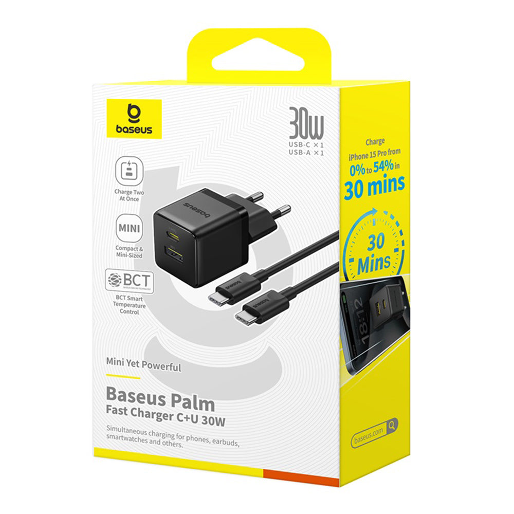 Carregador de Rede com Cabo USB-C Baseus Palm, 30W, 3A, 1 x USB-A - 1 x USB-C, Preto P1011160A113-01