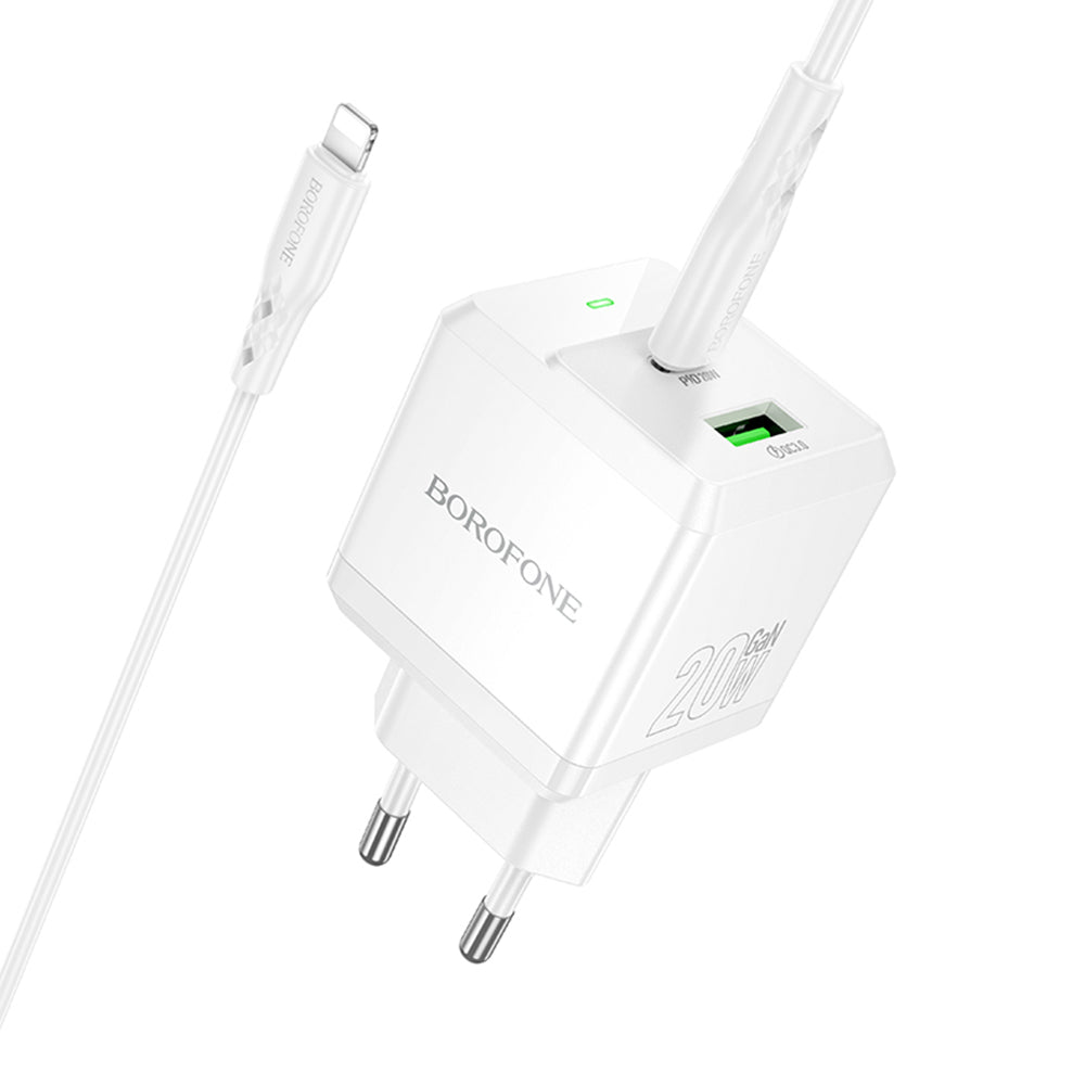 Carregador de Rede com Cabo Lightning Borofone BN19 Intenso, 20W, 3A, 1 x USB-A - 1 x USB-C, Branco