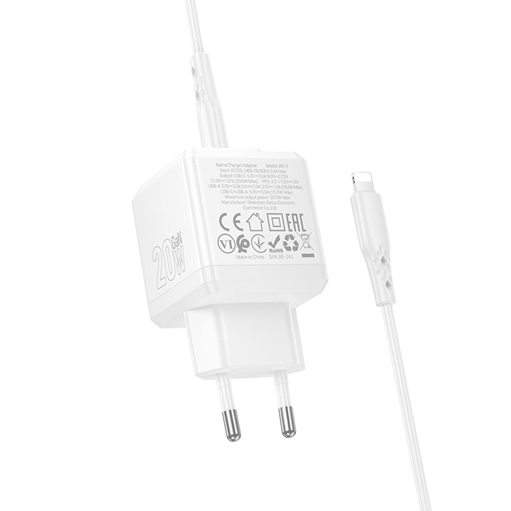 Carregador de Rede com Cabo Lightning Borofone BN19 Intenso, 20W, 3A, 1 x USB-A - 1 x USB-C, Branco