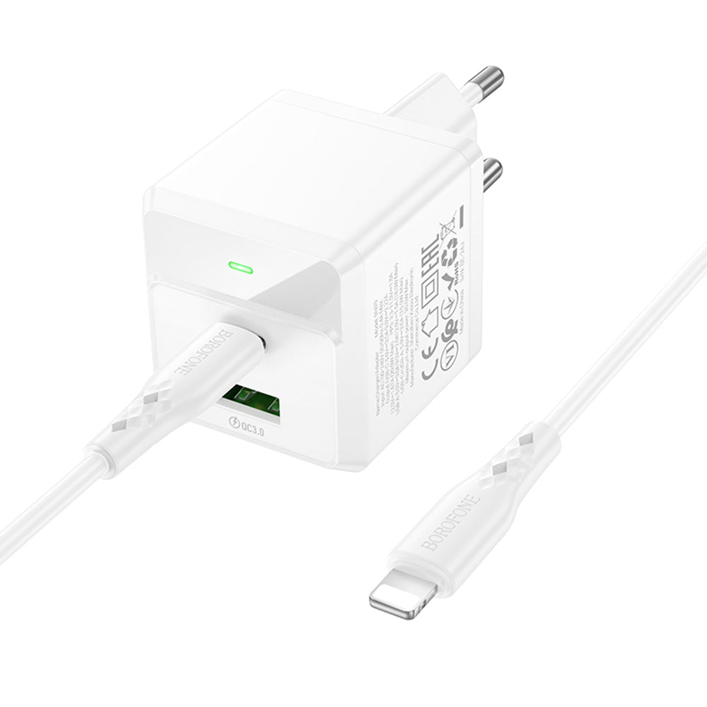 Carregador de Rede com Cabo Lightning Borofone BN19 Intenso, 20W, 3A, 1 x USB-A - 1 x USB-C, Branco