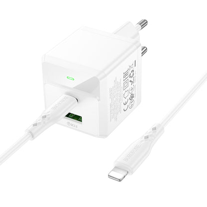 Carregador de Rede com Cabo Lightning Borofone BN19 Intenso, 20W, 3A, 1 x USB-A - 1 x USB-C, Branco