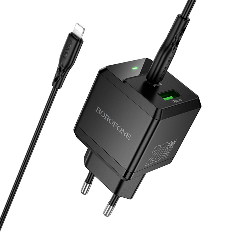 Carregador de Rede com Cabo Lightning Borofone BN19 Intenso, 20W, 3A, 1 x USB-A - 1 x USB-C, Preto
