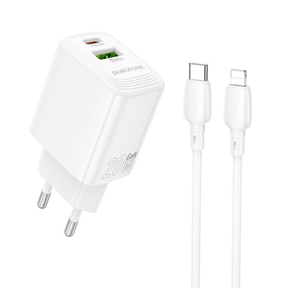 Carregador de Rede com Cabo Lightning Borofone BN27 Fuente, 20W, 3A, 1 x USB-A - 1 x USB-C, Branco