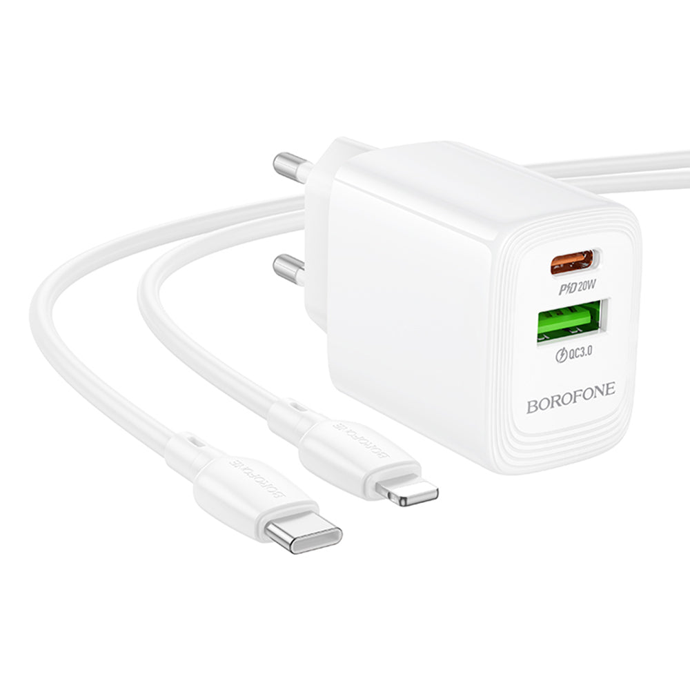 Carregador de Rede com Cabo Lightning Borofone BN27 Fuente, 20W, 3A, 1 x USB-A - 1 x USB-C, Branco
