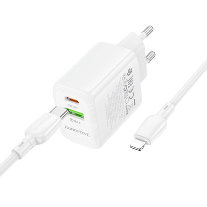 Carregador de Rede com Cabo Lightning Borofone BN27 Fuente, 20W, 3A, 1 x USB-A - 1 x USB-C, Branco
