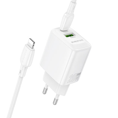 Carregador de Rede com Cabo Lightning Borofone BN27 Fuente, 20W, 3A, 1 x USB-A - 1 x USB-C, Branco