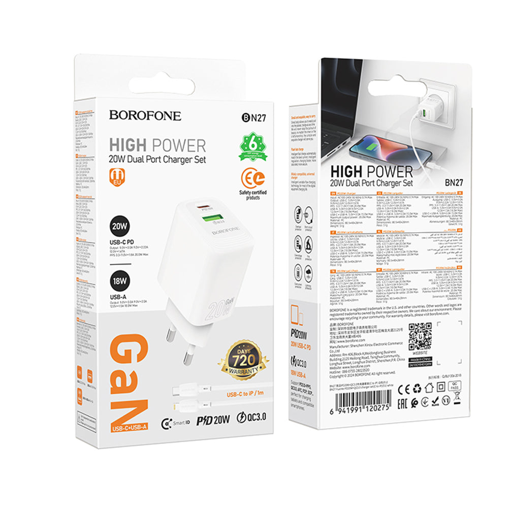 Carregador de Rede com Cabo Lightning Borofone BN27 Fuente, 20W, 3A, 1 x USB-A - 1 x USB-C, Branco