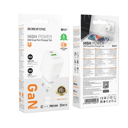 Carregador de Rede com Cabo Lightning Borofone BN27 Fuente, 20W, 3A, 1 x USB-A - 1 x USB-C, Branco