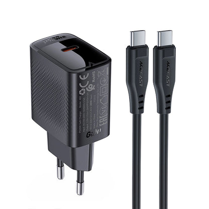 Carregador de Rede com Cabo USB-C Acefast A82, 20W, 3A, 1 x USB-C, Preto