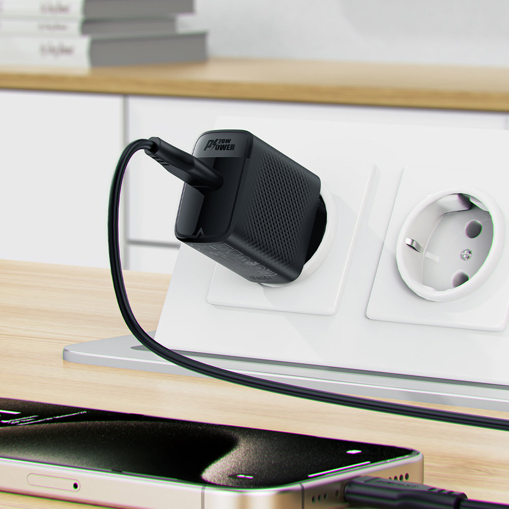 Carregador de Rede com Cabo USB-C Acefast A82, 20W, 3A, 1 x USB-C, Preto