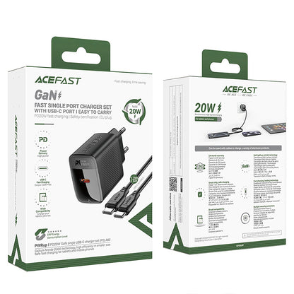 Carregador de Rede com Cabo USB-C Acefast A82, 20W, 3A, 1 x USB-C, Preto