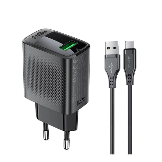 Carregador de Rede com Cabo USB-C Acefast A90, 18W, 3A, 1 x USB-A, Preto