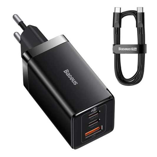 Carregador de Rede com Cabo USB-C Baseus GaN5 Pro, 65W, 3.25A, 1 x USB-A - 2 x USB-C, Preto C0206500