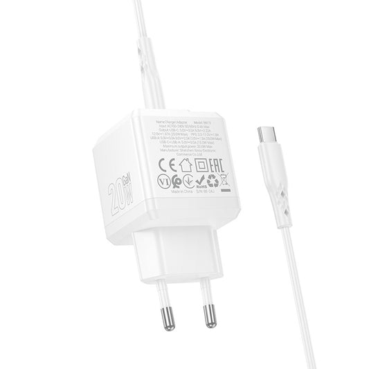 Carregador de Rede com Cabo USB-C Borofone BN19 Intenso, 20W, 3A, 1 x USB-A - 1 x USB-C, Branco