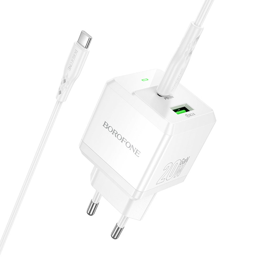 Carregador de Rede com Cabo USB-C Borofone BN19 Intenso, 20W, 3A, 1 x USB-A - 1 x USB-C, Branco