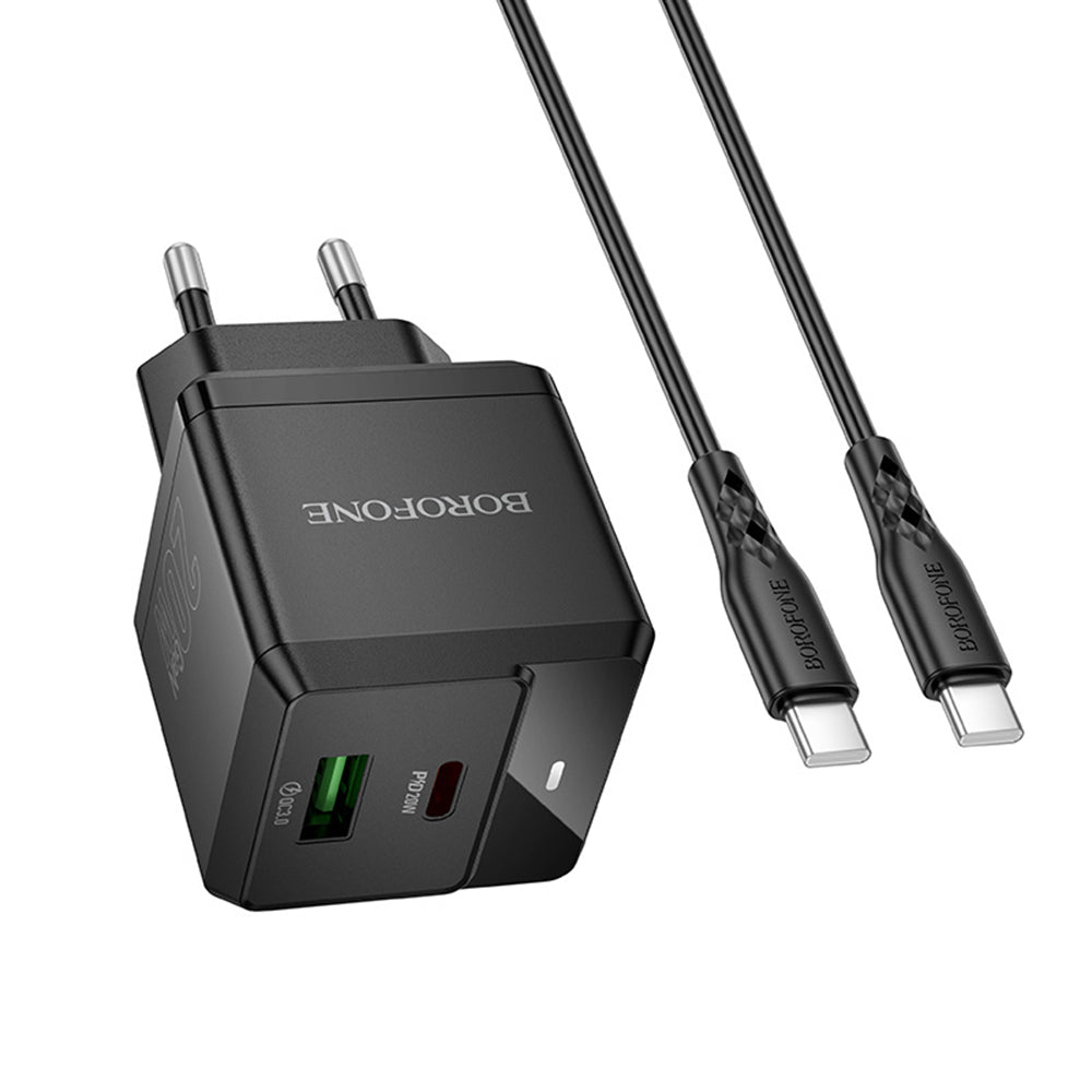 Carregador de Rede com Cabo USB-C Borofone BN19 Intenso, 20W, 3A, 1 x USB-A - 1 x USB-C, Preto