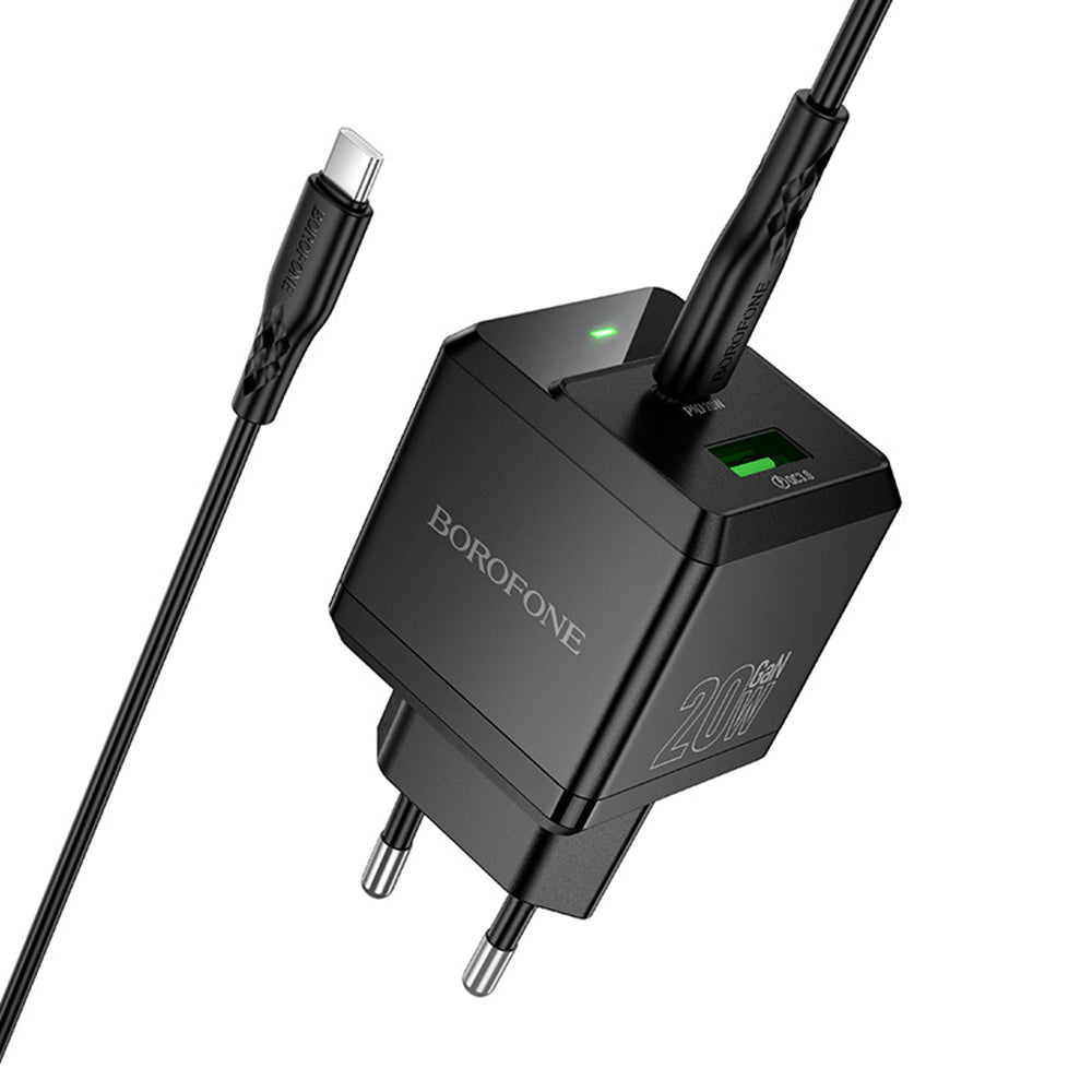 Carregador de Rede com Cabo USB-C Borofone BN19 Intenso, 20W, 3A, 1 x USB-A - 1 x USB-C, Preto