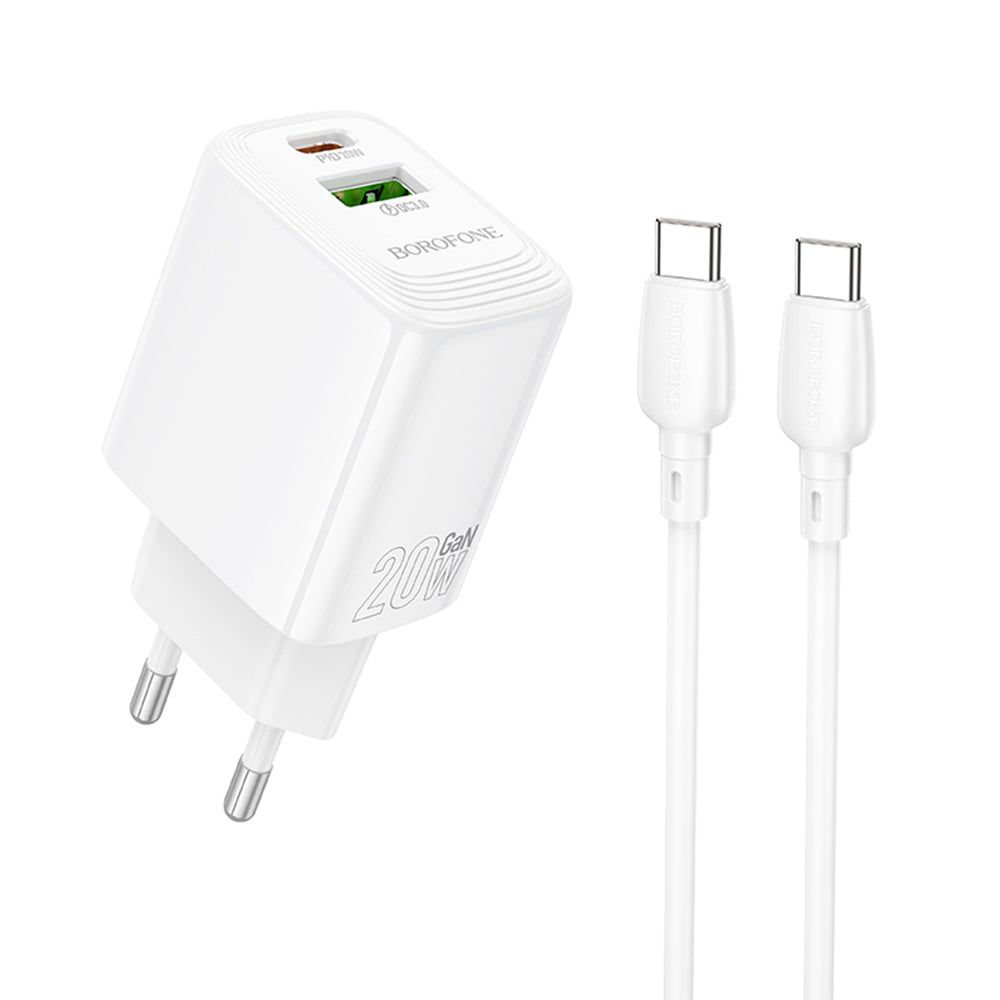 Carregador de Rede com Cabo USB-C Borofone BN27 Fuente, 20W, 3A, 1 x USB-A - 1 x USB-C, Branco