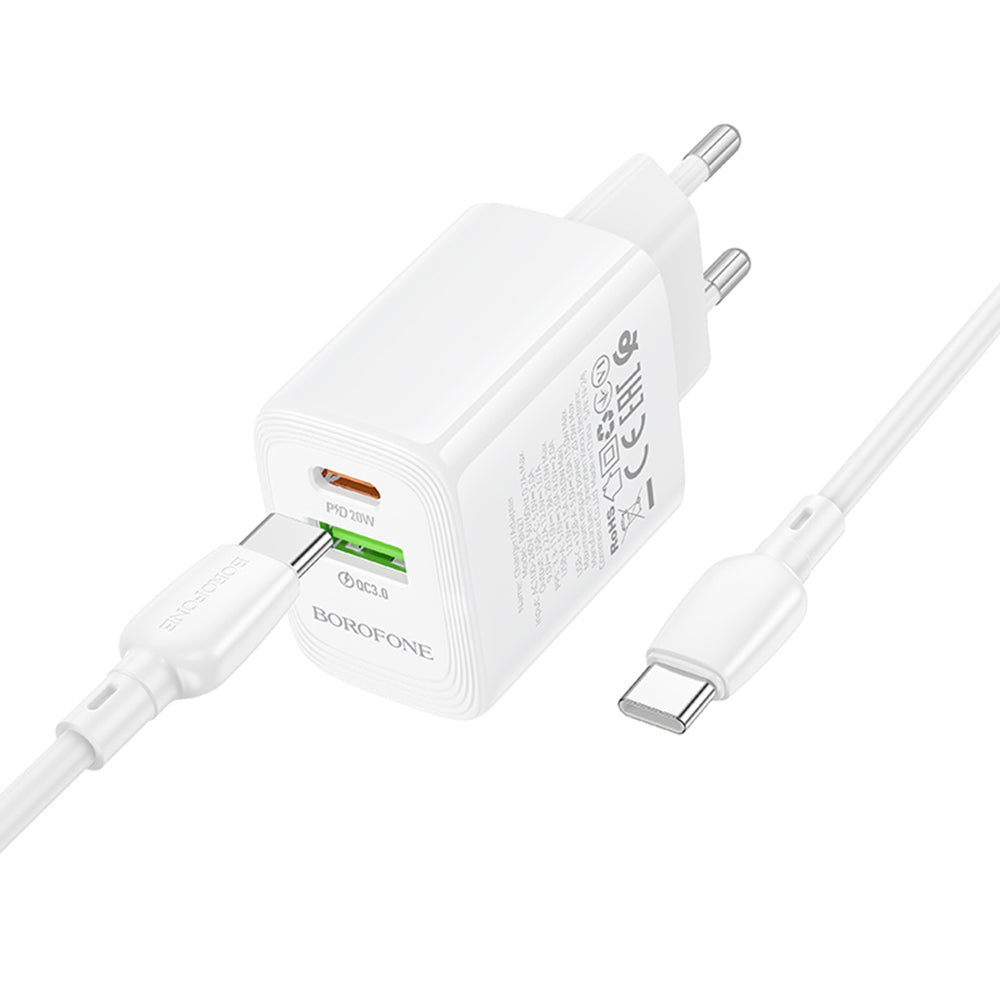 Carregador de Rede com Cabo USB-C Borofone BN27 Fuente, 20W, 3A, 1 x USB-A - 1 x USB-C, Branco