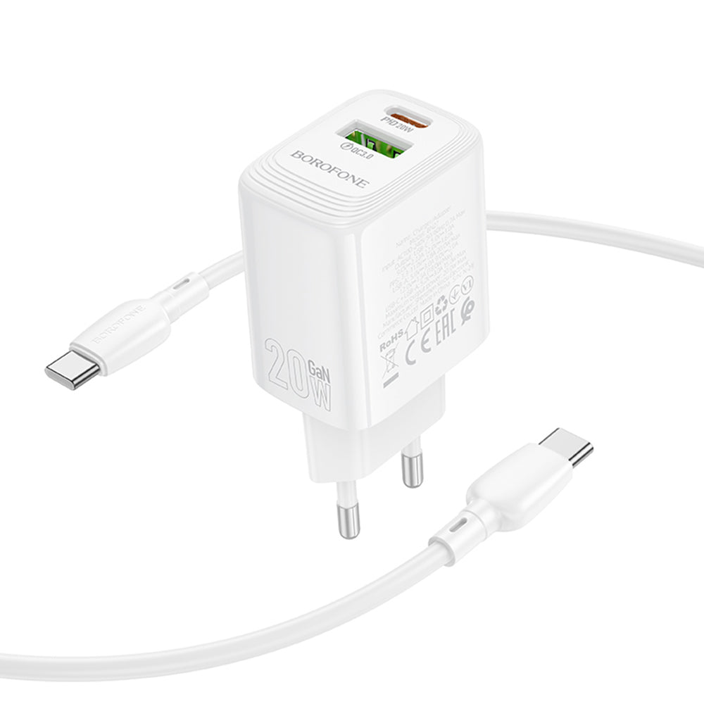 Carregador de Rede com Cabo USB-C Borofone BN27 Fuente, 20W, 3A, 1 x USB-A - 1 x USB-C, Branco