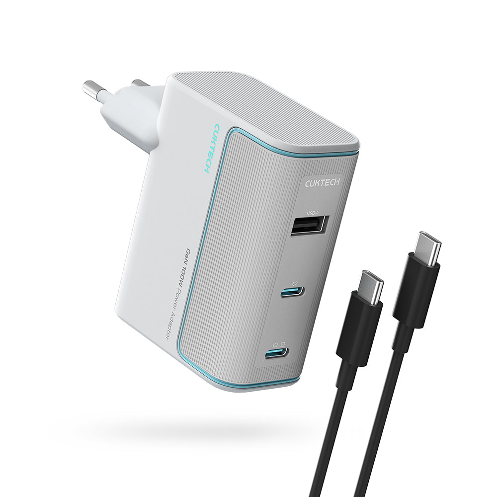 Carregador de Rede com Cabo USB-C Cuktech, 100W, 5A, 1 x USB-A - 2 x USB-C, Branco CKAD1003EUGW