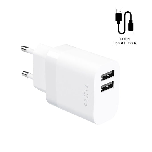 Carregador de Rede com Cabo USB-C Fixed, 17W, 3A, 2 x USB-A, Branco