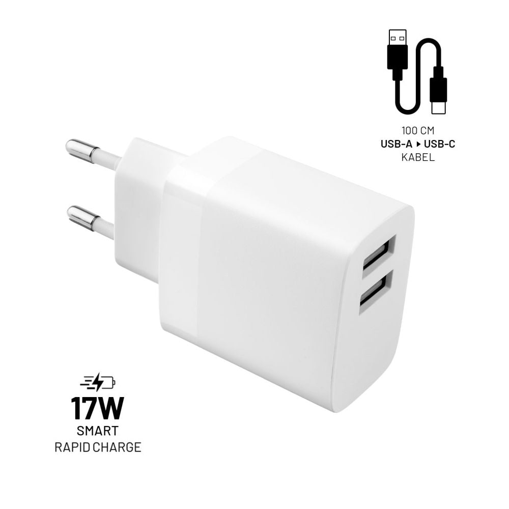 Carregador de Rede com Cabo USB-C Fixed, 17W, 3A, 2 x USB-A, Branco