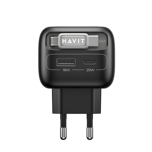 Carregador de Rede com Cabo USB-C HAVIT UC251, 35W, 3A, 1 x USB-A - 1 x USB-C, Preto Cinzento
