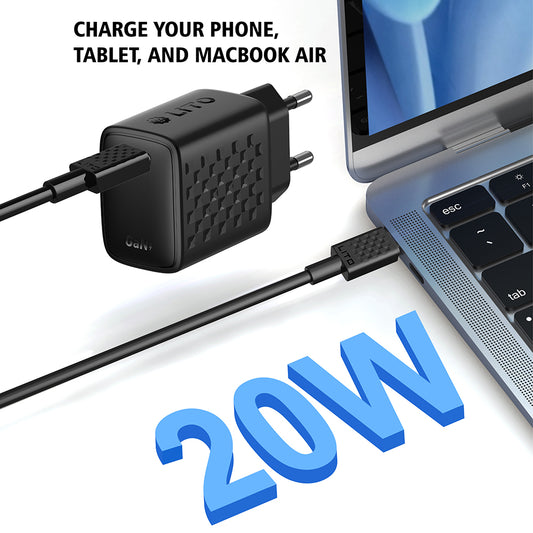 Carregador de Rede com Cabo USB-C Lito LC13T, 20W, 3A, 1 x USB-C, Preto