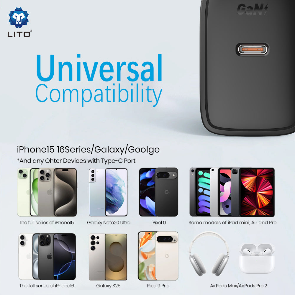 Carregador de Rede com Cabo USB-C Lito LC20T, 45W, 3A, 1 x USB-C, Preto