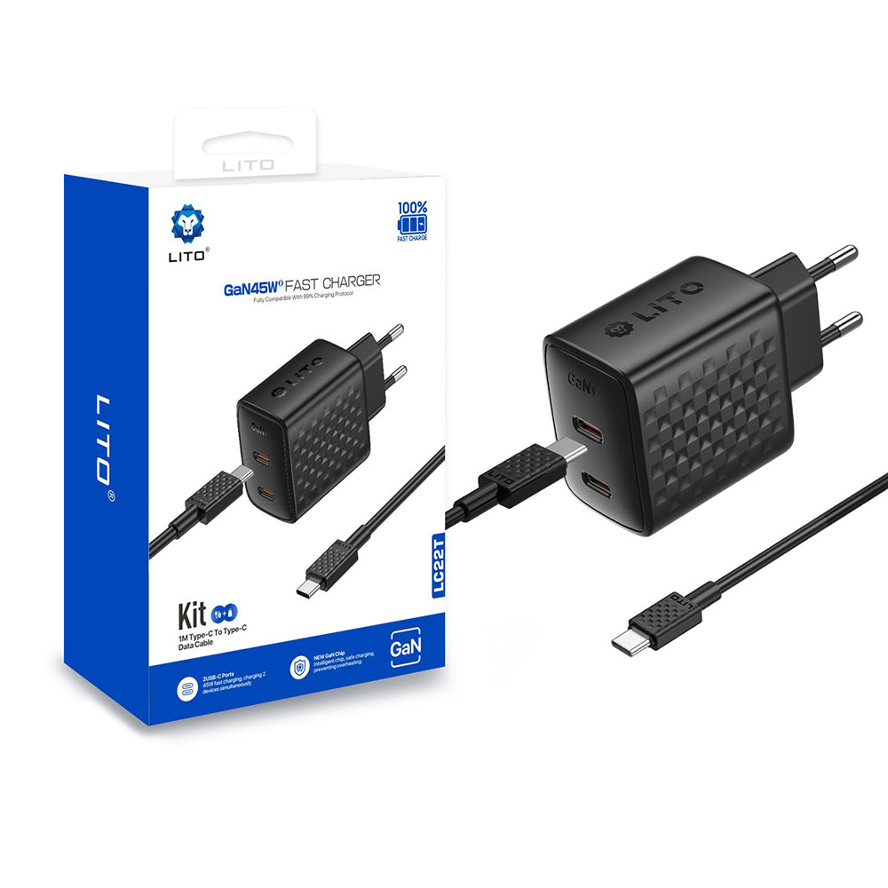 Carregador de Rede com Cabo USB-C Lito LC22T, 45W, 3A, 2 x USB-C, Preto