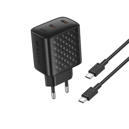 Carregador de Rede com Cabo USB-C Lito LC22T, 45W, 3A, 2 x USB-C, Preto