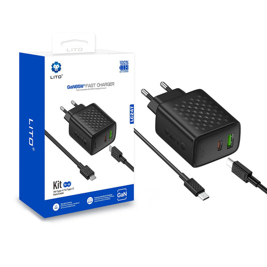 Carregador de Rede com Cabo USB-C Lito LC24T, 65W, 3.25A, 1 x USB-A - 1 x USB-C, Preto