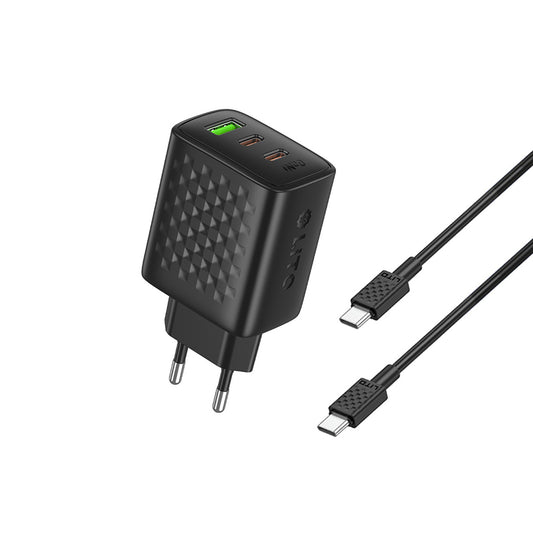 Carregador de Rede com Cabo USB-C Lito LC25T, 65W, 3.25A, 1 x USB-A - 2 x USB-C, Preto