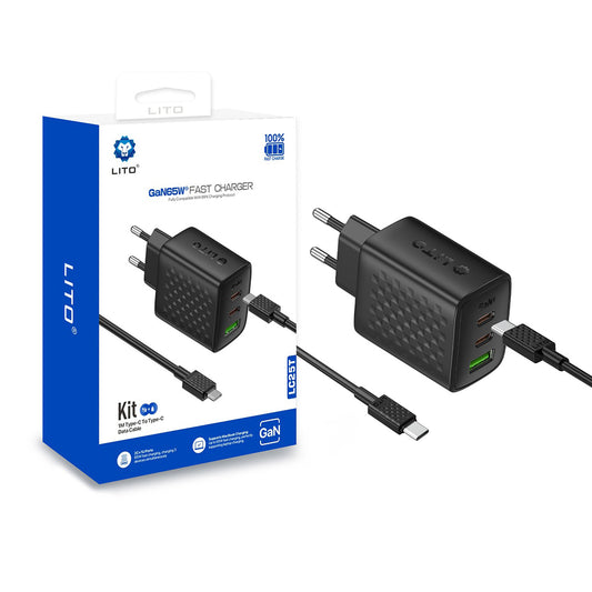 Carregador de Rede com Cabo USB-C Lito LC25T, 65W, 3.25A, 1 x USB-A - 2 x USB-C, Preto