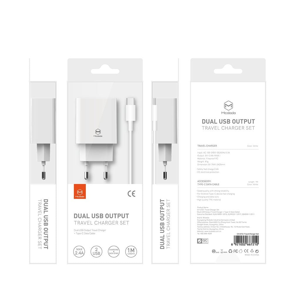 Carregador de Rede com Cabo USB-C McDodo CH-6721 Offer, 12W, 2.4A, 2 x USB-A, Branco