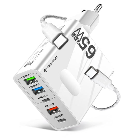 Carregador de Rede com Cabo USB-C Techsuit CHC1 PentaXPower, 25W, 3A, 3 x USB-A - 2 x USB-C, Branco