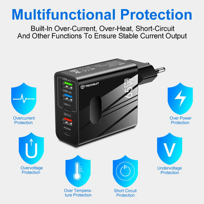 Carregador de Rede com Cabo USB-C Techsuit CHC1 PentaXPower, 25W, 3A, 3 x USB-A - 2 x USB-C, Branco