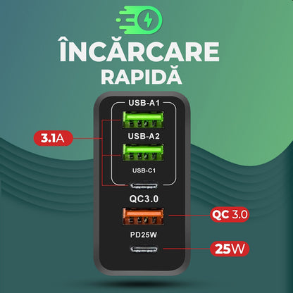 Carregador de Rede com Cabo USB-C Techsuit CHC1 PentaXPower, 25W, 3A, 3 x USB-A - 2 x USB-C, Preto