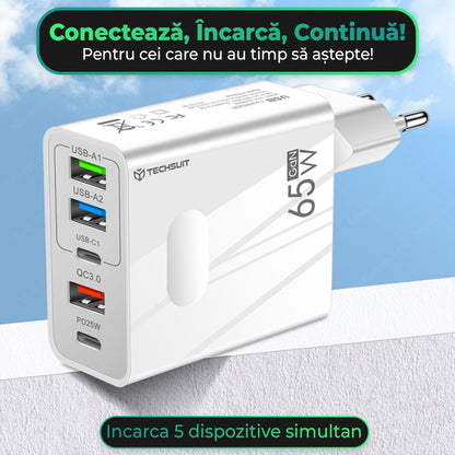 Carregador de Rede com Cabo USB-C Techsuit CHC1 PentaXPower, 25W, 3A, 3 x USB-A - 2 x USB-C, Preto