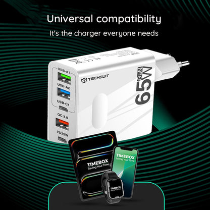 Carregador de Rede com Cabo USB-C Techsuit CHC1 PentaXPower, 25W, 3A, 3 x USB-A - 2 x USB-C, Preto