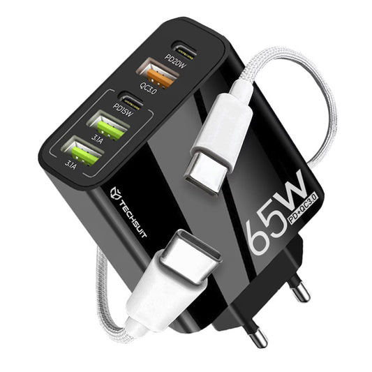Carregador de Rede com Cabo USB-C Techsuit CHC2 PentaXPower, 20W, 3A, 3 x USB-A - 2 x USB-C, Preto