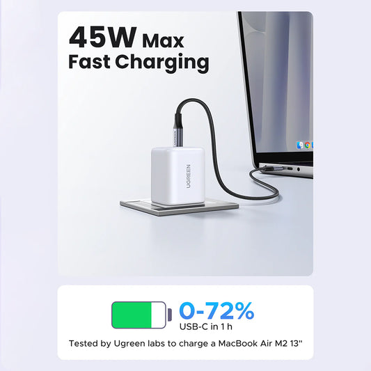 Carregador de Rede com Cabo USB-C UGREEN X524 (65055), 45W, 3A, 1 x USB-C, Branco