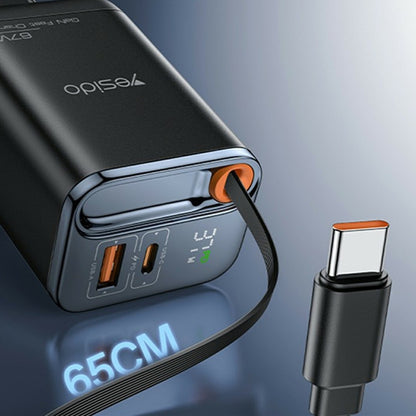 Carregador de Rede com Cabo USB-C Yesido YC100 Display, 67W, 3.35A, 1 x USB-A - 1 x USB-C, Preto