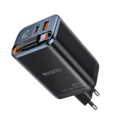Carregador de Rede com Cabo USB-C Yesido YC100 Display, 67W, 3.35A, 1 x USB-A - 1 x USB-C, Preto