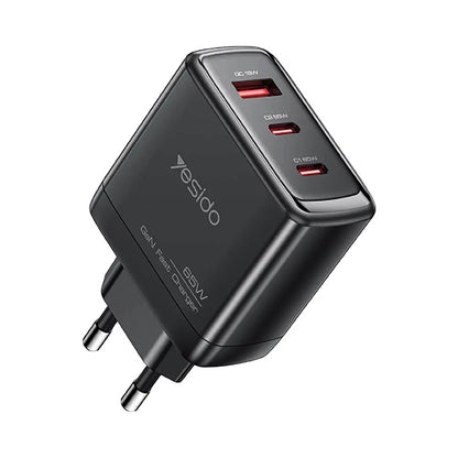 Carregador de Rede com Cabo USB-C Yesido YC144C, 65W, 3.25A, 1 x USB-A - 2 x USB-C, Preto