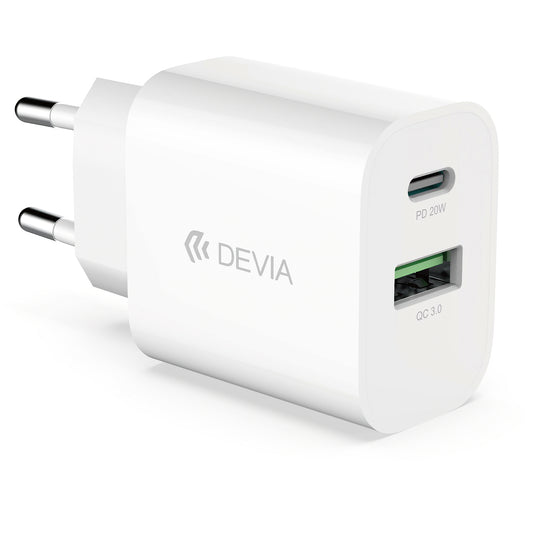 Carregador de rede DEVIA RLC-389, 20W, 3A, 1 x USB-A - 1 x USB-C, branco 