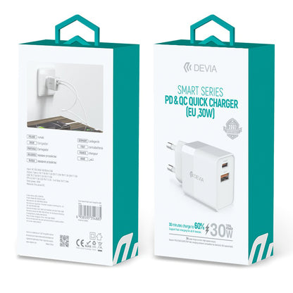 Carregador de rede DEVIA RLC-389, 30W, 3A, 1 x USB-A - 1 x USB-C, branco 