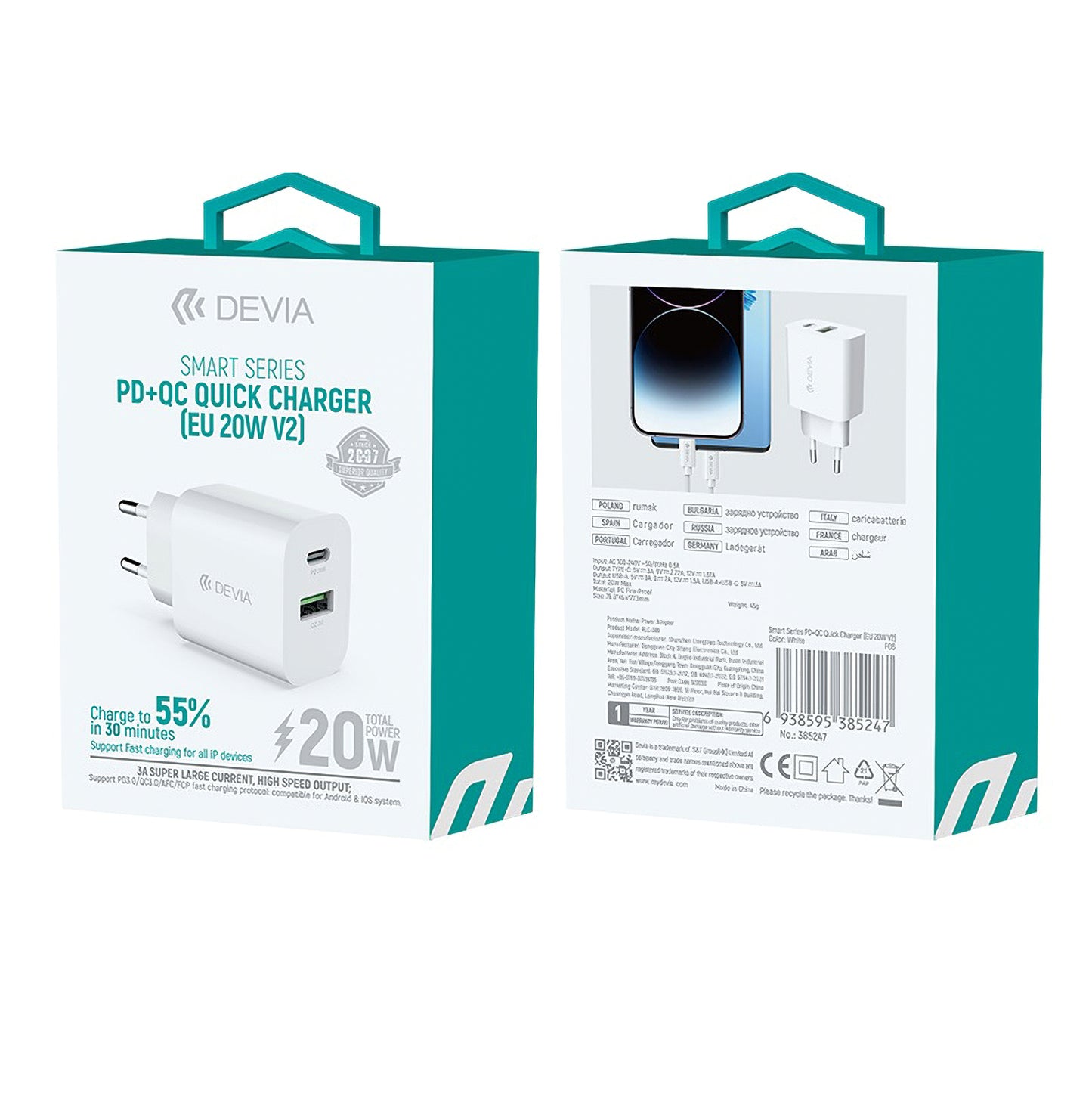 Carregador de rede DEVIA RLC-389, 20W, 3A, 1 x USB-A - 1 x USB-C, branco 